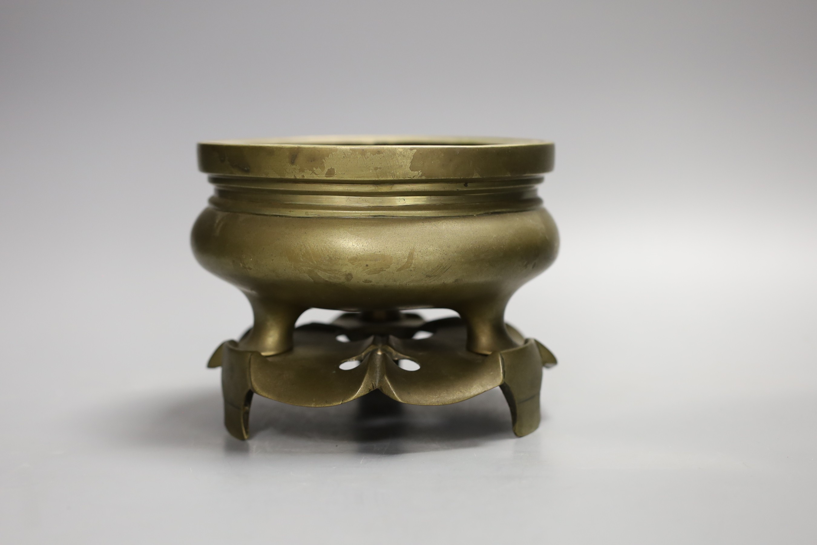 A Chinese bronze censer and stand, 13cm tall including stand